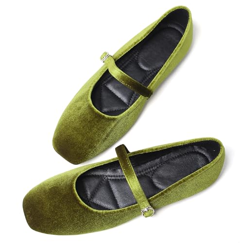Dear Time Women's Ballet Flats Elegant Mary Jane Flats Comfortable Square Toe Retro Dress Ballerina Flats Shoes Green Size 5.5