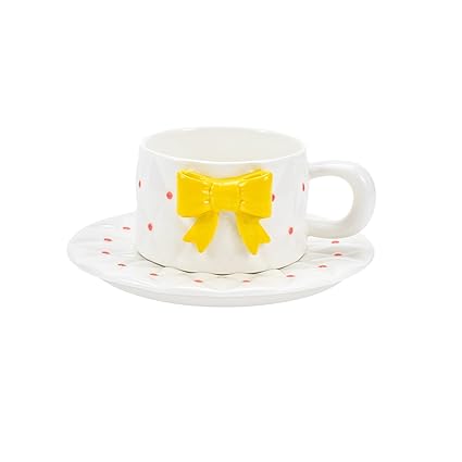 Denovin Ceramic Coffee Cup and Saucer Set, Cappuccino Espresso Cute Mug with Bowknot, 10oz Perfect for Milk Tea Latte Mothers Day Gifts, Dishwasher and Microwave Safe (Yellow)