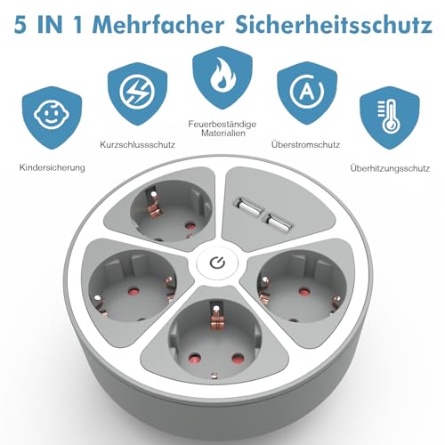 Realmade 4-Fach Steckdosenleiste mit 2 USB-A, 3m Kabel, Überspannungsschutz für Zuhause, Büro und Familie 3680W 16A Weiß – Ansicht 4