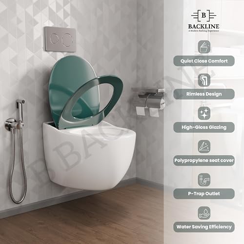 Image of B Backline Elite Ceramic Rimless Wall Hung Western Toilet /Water Closet /Commode /European Commode With Soft Close Toilet Seat Cover - P Trap 57 X 39 X 42 Cm (Aqua Green)