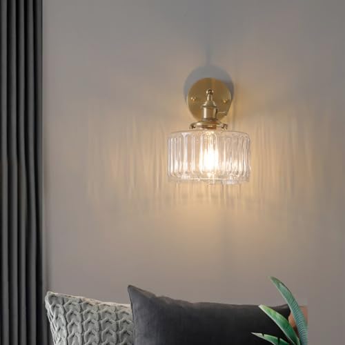 Image of Vintage Wall Sconces with Switch Ribbed Glass Shade Modern Brass Wall Light Fixtures 180Adjustable Bedside Wall Mounted Lamp for Bedroom Bathroom Living Room Farmhouse Vanity (Transparent)
