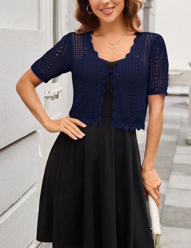 Image of Kate Kasin Women Crochet Shrug Knit Sweater, Short Sleeve Cropped Cardigan | Tie Front Tops Light Weight, Knit Cover Up Arm Bolero For Evening Dresses Dressy Casual, Ladies Eyelet Shawl Thin Formal