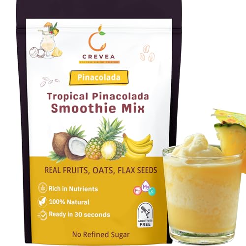 Image of Crevea Pinacolada Breakfast Smoothie Powder - Natural Fruit Powders, Oats, Flax Seed, Coconut | No Preservatives, No Refined Sugar - Delicious & Healthy Shake - Ready to make Smoothie Mix (7 serves)