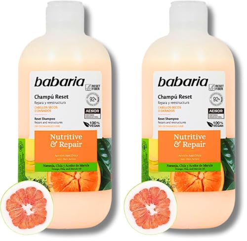 Babaria - Champú Pelo Seco Y Dañado | Shampoo Anticaída Mujer 500ml | Champu Sin Sulfatos Ni Parabenos Con Aloe Vera | Champu Natural Reset Con Naranja (Paquete de 2)