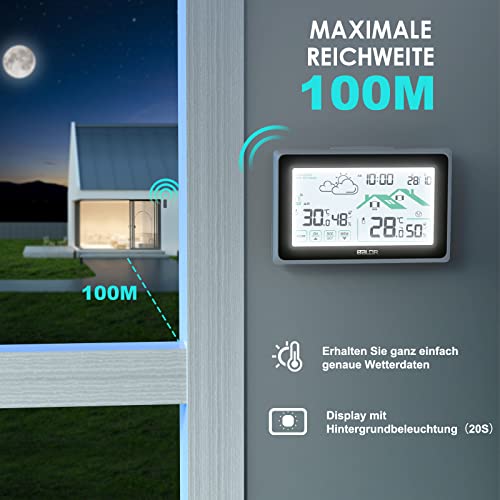 Foto von Wetterstation Funk Mit Außensensor, BANRIN Multifunktionale Wetterstation Digital Thermometer Hygrometer Innen/Außen, Mit Wettervorhersage, Zeitanzeige, Weckerfunktion - inkl. 5 Originalbatterien