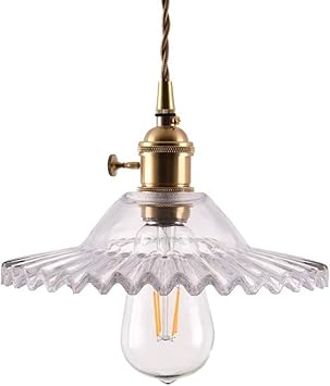 Vintage Barn Pendant Light, Brass Body with Wavy Clear Glass Shade, Single Head Ceiling Lighting Hanging Lamp, Traditional Minimalist Bar Kitchen Island Decorative Suspension Lamps