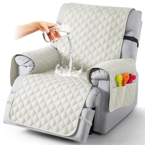 TAOCOCO 100% Waterproof Recliner Covers, Recliner Sofa Covers with Leg Straps, Reversible Recliner Couch Cover for Reclining Chair, Washable Couch Protector for Pets Kids(1 Seater 28", Off White)