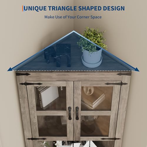 GAOMON Farmhouse Corner Cabinet with Lights, Tall Corner Storage Cabinet with Glass Door & Adjustable Shelves, for Living Room, Kitchen, Bathroom, Washed Grey