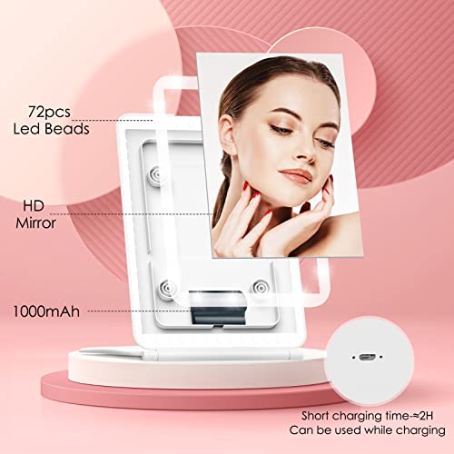 Tokso Travel Lighted Makeup Mirror With 3X Magnifying Vanity Mirror, 72 Led 3 Color Lights, Dimmable Touch Screen, Rechargeable Portable Tabletop Compact Foldable Travel Mirror, Xmas Gift For Women #TOP6