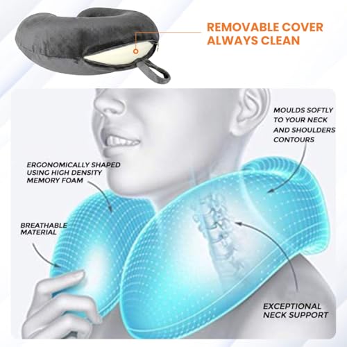 Image of Travel Neck Pillow for Travelling & Sleeping | Memory Foam Cushioning | Soft Velvet U Shape Neck Holder Pillow for Airplane Flight, Car, Train, Office Head Support for Men & Women (Grey)
