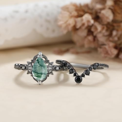 Black Gold Plated Natural Moss Agate Bridal Wedding Ring Sets for Women, 925 Sterling Silver Gothic Vintage Promise Rings and Eternity Black Spinel Band for Her - Boho Art Deco Platinum Plated Engagement Rings Size 4-94