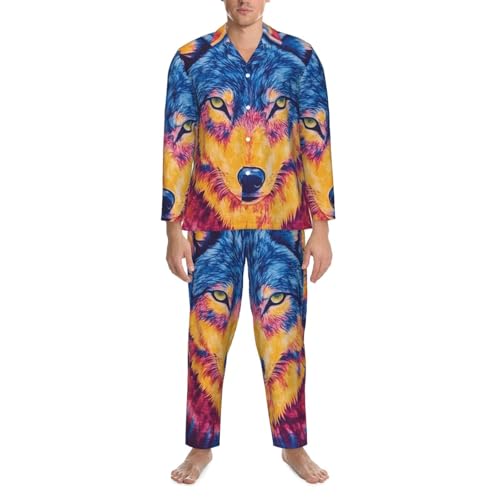 Tie Dye Pattern Of Wolf Mens Pajamas Set Button Down Sleepwear Set Long Sleeve Loungewear With Pockets