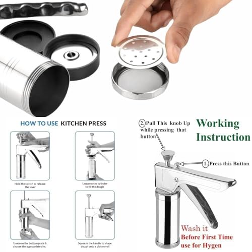 Image of Stainless Steel 15-in-1 Kitchen Press Sev Sancha with 15 Jali Discs - Murukku, Chakli, Sev, Bhujia, Gathiya & Idiyappam Maker | Noodles & Cookie Press | Heavy Duty Snack Maker