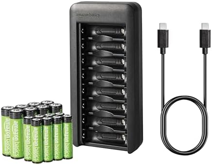 Amazon Basics Batterieset, wiederaufladbar, aus 8 x AAA-Batterie,NiMh,800 mAh,+8 x AA-Batterie, 2000 mAh, mit Batterieladegerät mit Platz für 8 Batterien, ohne AC-Netzadapter,USB-C