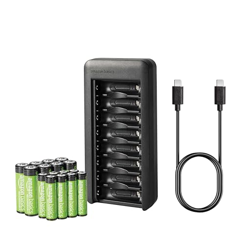 Amazon Basics Paquete de 8 baterías recargables NiMh AAA 800 mAh + paquete de 8 baterías recargables NiMh AA 2000 mAh con cargador de batería de 8 bahías sin adaptador CA puerto USB C 16 unidad Negro