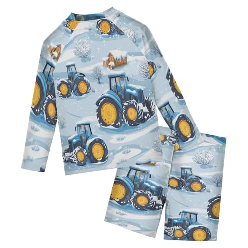 Winter Tractor Snow Boys Swimsuit Rash Guard Toddler Kids Long Sleeve Swim Shirt and Trunks Swimwear Set 3-10Y2