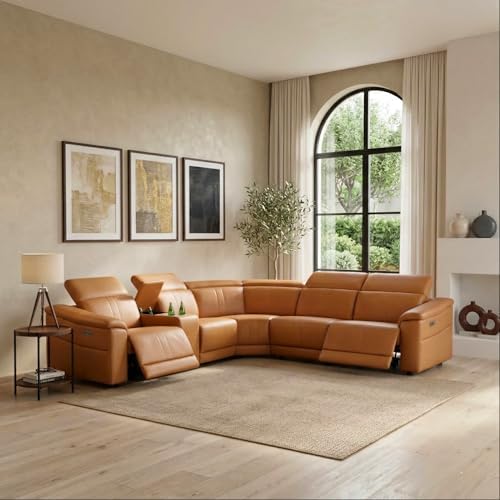 Breathing Leather Recliner Sectional Sofa, 5-Seat Power Reclining Sectional Couch with Adjustable Headrest&Storage Console, L Shaped Leather Couch for Living Room (Light Brown)