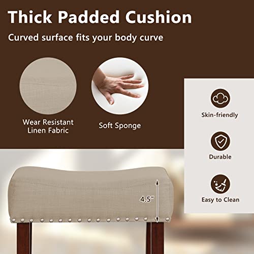 Image of COSTWAY Wooden Saddle Stools Set of 2, 29.5-inch Backless Counter Chairs with Nailhead Trim, Rubber Wood Frame, Footrest, Max Load 330 Lbs, Upholstered Bar Stools for Kitchen Island, Beige+Brown