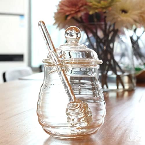 shuaike 300ml Glass Honey Pot with Dipper Honey Dispenser Container Clear Jam Jar with Lid for Home Kitchen