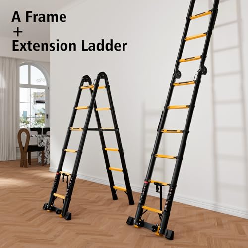 SINMEIRUN 16.5 FT Telescoping A Frame Ladder, 8 Step, ANSI Certified, Type IA Heavy Duty, 330lbs Max Capacity, Aluminum Extension Ladder for Home, Roof, RV; Yellow - Thumbnail 6