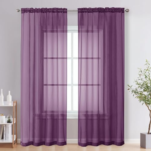 Image of OVZME Plum Sheer Curtains 84 Inches Long 2 Panels - Soft Light Filtering Window Sheer Panels for Living Room /Bedroom, Top Dual Rod Pocket, 1 Pair, Each 42Wx84L Inches