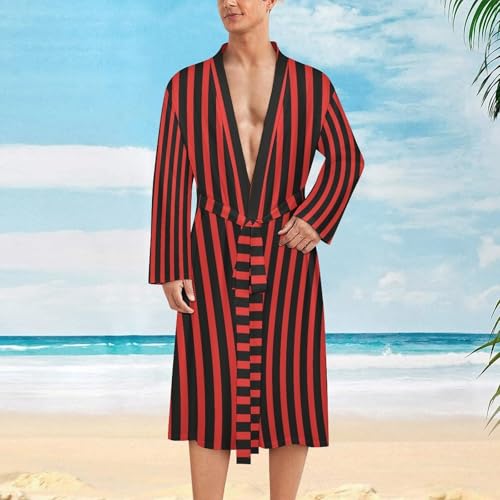 Stripes Mens Robe Long Sleeve V Neck Bathrobes Sleepwear Robes with Belt2