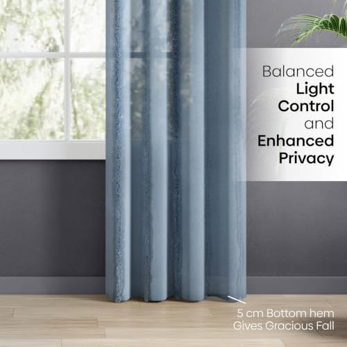 Image of haus & kinder Decorative Sheer Door Curtain 7 Feet Pack of 1 | Aesthetic Decor Long Curtain Feather Fringe Blue 120 x 213 cm