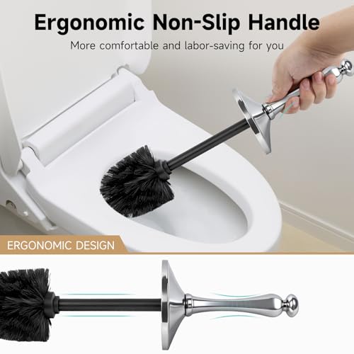Image of Silver Toilet Brush and Holder,Extra Long Handled Toilet Brush for Bathroom,Stainless Steel Heavy Duty Toilet Bowl Brush,Deep Cleaning Modern Toilet Cleaner Brush -Space Saving, Covered Brush
