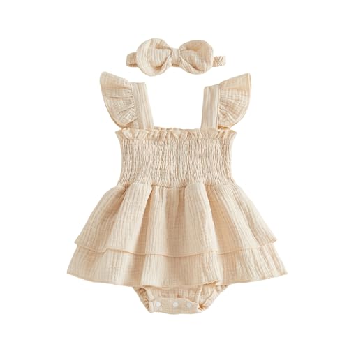 Kavousa Newborn Baby Girl Clothes Summer Smocked Romper Short Sleeve Jumpsuit And Headband Outfit Cute Infant Clothing (Flying Sleeve Beige, 3-6 Months)