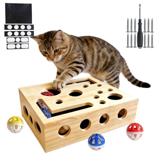 MinXin Katzenspielzeug, Interaktiv Katzenspielzeug Selbstbeschäftigung Puzzle Spielzeug Intelligenz, Kratzpuzzle Spielbox Holz mit 3 Bälle, Fummelbrett für Katzen