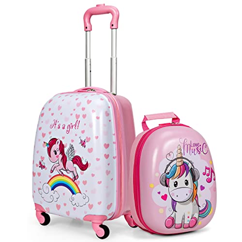 BABY JOY 2 Pieces Kids Luggage Set, 16” Toddlers Carry-on Suitcase & 13” Backpack Set, Children Hard Shell Travelling Case w/4 Casters, Lightweight Trolley Case for Boys & Girls (Unicorn)