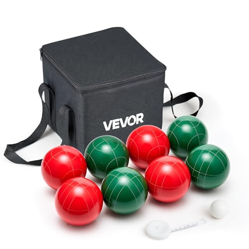 VEVOR Set di Bocce, 107 mm, con 8 Bocce in Resina, Pallino, Borsa per Il Trasporto e Corda di Misurazione, 2 Colori Rosso e Verde, per 2-8 Giocatori, Set da Gioco per Bocce per Spiaggia, Prato