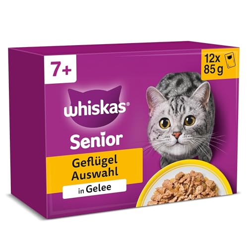 Whiskas 7+ Katzenfutter Geflügel Auswahl in Gelee, 12x85g (4 Packungen) – Hochwertiges Nassfutter ab dem 7. Lebensjahr in 48 Portionsbeuteln – Für die Bewahrung der Vitalität 1