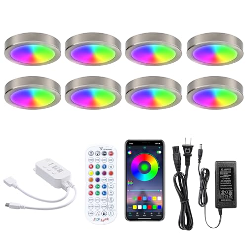 LABOREDUCER RGB Under Cabinet Lights 8 Pack App Controlled and Music Sync,RGB Puck Light with Remote,Plug in or Hardwired Under Counter Lights with Multi Color for Kitchen Shelf Cupboard Showcase 12V