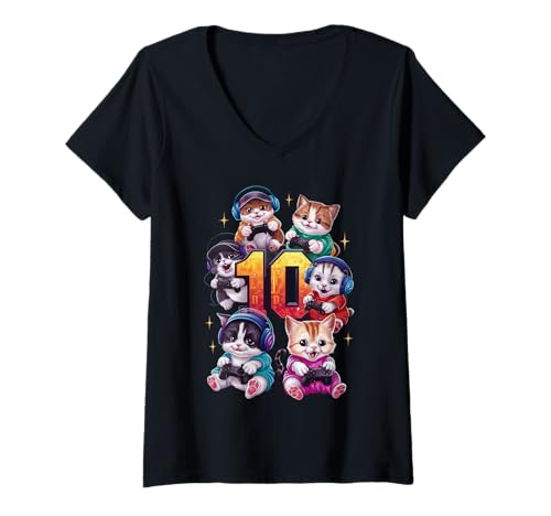 Mujer 10° Cumpleaños Gatos Gaming Regalo Gamer Niño Niña Camiseta Cuello V