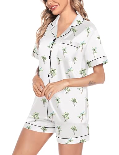 Image of SWOMOG Satin Matching Pajamas Sets Couple Silk Button Down Nightwear Women & Men Short Sleeve Sleepwear 2 Pieces Loungewear