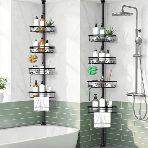 KEGII Teleskop Duschregal - 4 Tier Duschregal Ohne Bohren Teleskopregal Ecke Shampoo Halterung für Dusche(63,5-290 CM, Schwarz)