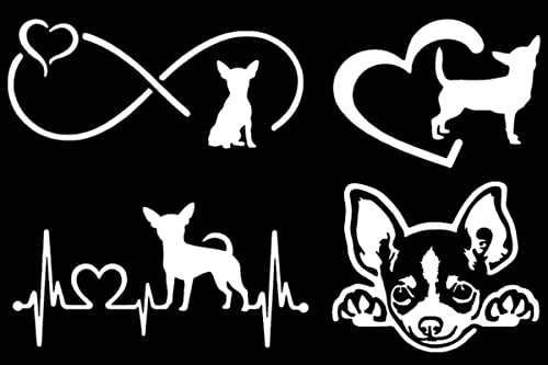 Chihuahua Decal 4 Pack: Chihuahua Infinity, Chihuahua Heartbeat, Chihuahua in Heart, Chihuahua Peeking Decals (Small ~3.5", White)
