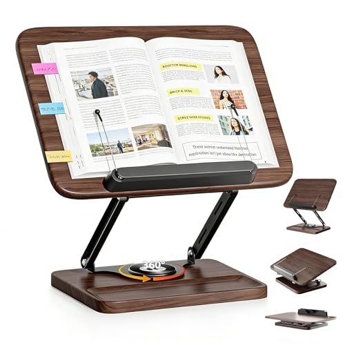 Atril para Libros de Madera con Base Giratoria 360° – Soporte Plegable con Clips, Altura Ajustable – Porta Tablet, Porta Partituras y Recetas de Cocina para Mesa y Escritorio