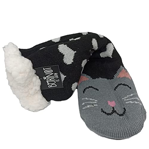 Thermische rutschfeste Socken mit Katzenmotiv – Haussocken – Dicke Socken – Größe 35-40, grau, Standar