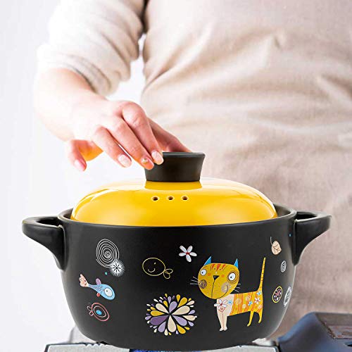 Ahuonel Ceramic Stockpot Clay Cooking Pot Cookware Stovetop, Cartoon Pattern Stew Pot Hot Pot Clay Pots Soup Pot Casserole Cooking Pot 2.6 Quart Yellow Cat #TOP7