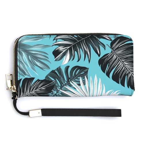 Tropical Leaves in Black White Pastel PU Leather Clutch Long Bifold Wallet, Coin Purse Credit Pass Case, Durable Card-Holder Money Storage for Women Men
