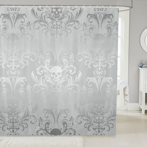 Erosebridal Adults White Damask Bath Curtain Antique Victorian Baroque Fabric Shower Curtain 72" Wx78 L,Vintage Floral Exotic Sugar Skull Bathroom Decor,Gothic Bone Skeleton Bohemian Decor,Silver