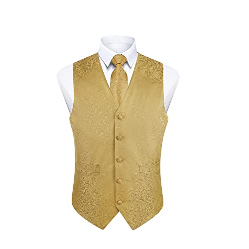 Enlision Suit Vest For Men Gold Paisley Dress Vest And Tie Set Formal 5Pc Silk Dress Waistcoat Necktie And Pocket Square Set Wedding Party Business Tuxedo #TOP6