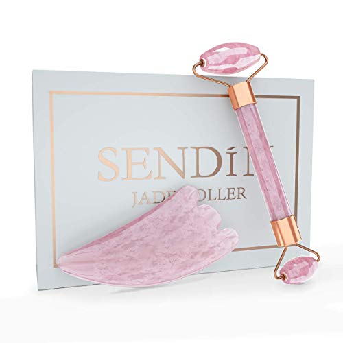 Jade Roller，SENDIN Face Roller（New Updated）Massager Set Including Rose Quartz Roller and Gua Sha Scraping Tool For Face,Neck,Cheekbone,Design For Gift