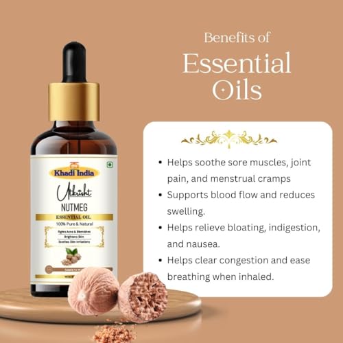 Image of Khadi Nutmeg Essential Oil 15 ml | Pure & Natural Therapeutic Grade | For Relaxation, Respiratory & Digestion | Oil for Face | Skin & Hair Care | All Skin Types | Aromatherapy for Men & Women