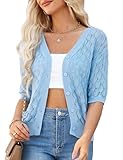 GRACE KARIN Cropped Sweaters for Women Half Sleeve V-Neck Cardigan Shrugs Hollow Out Bolero Tops Blue M