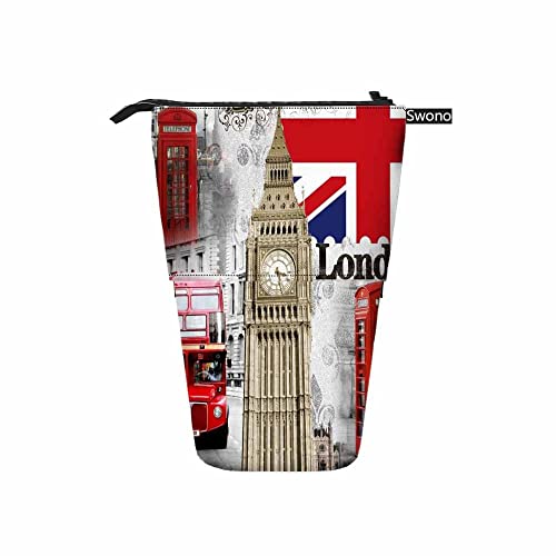 Image of Swono London Symbols Pencil Pouch Vintage England Bigben Double Decker Bus Red Phone Booths England Stand Up Pencil Case Organizer Pencil Holder Makeup Bag Gift Colorful