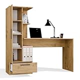 CDF Schreibtisch mit Regal Schublade 140cm 3 Einlegeböden Gaming Home Office Computertisch Bürotisch Ergonomisch Arbeitstisch Jugendzimmer Schlafzimmer Kinderzimmer Rollschienen Weiß 16mm Spanplatte