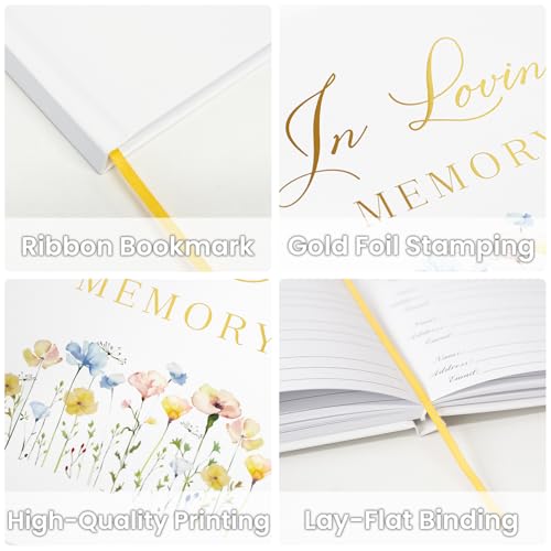 Image of Funeral Guest Book for Memorial Service, in Loving Memory 9x7.5 | 330 Guest Entries, Table Sign Included, Gold Stamping, Wild Floral Design, Celebration of Life Keepsake